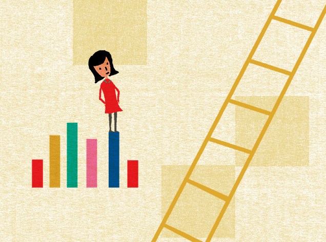 woman standing on bar graph artwork
