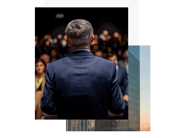 man standing in front of a crowd