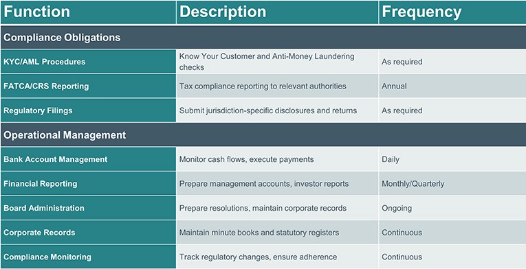 Table outlining CSP Functions, Descriptions and Frequency of need